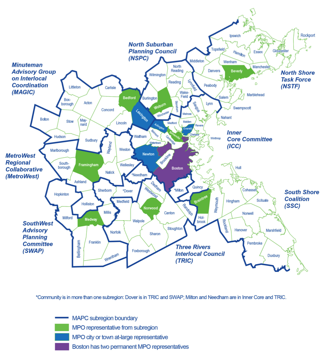 Figure 4 Boston Region MPO Area, MPO Municipal Members, and MAPC Subregions