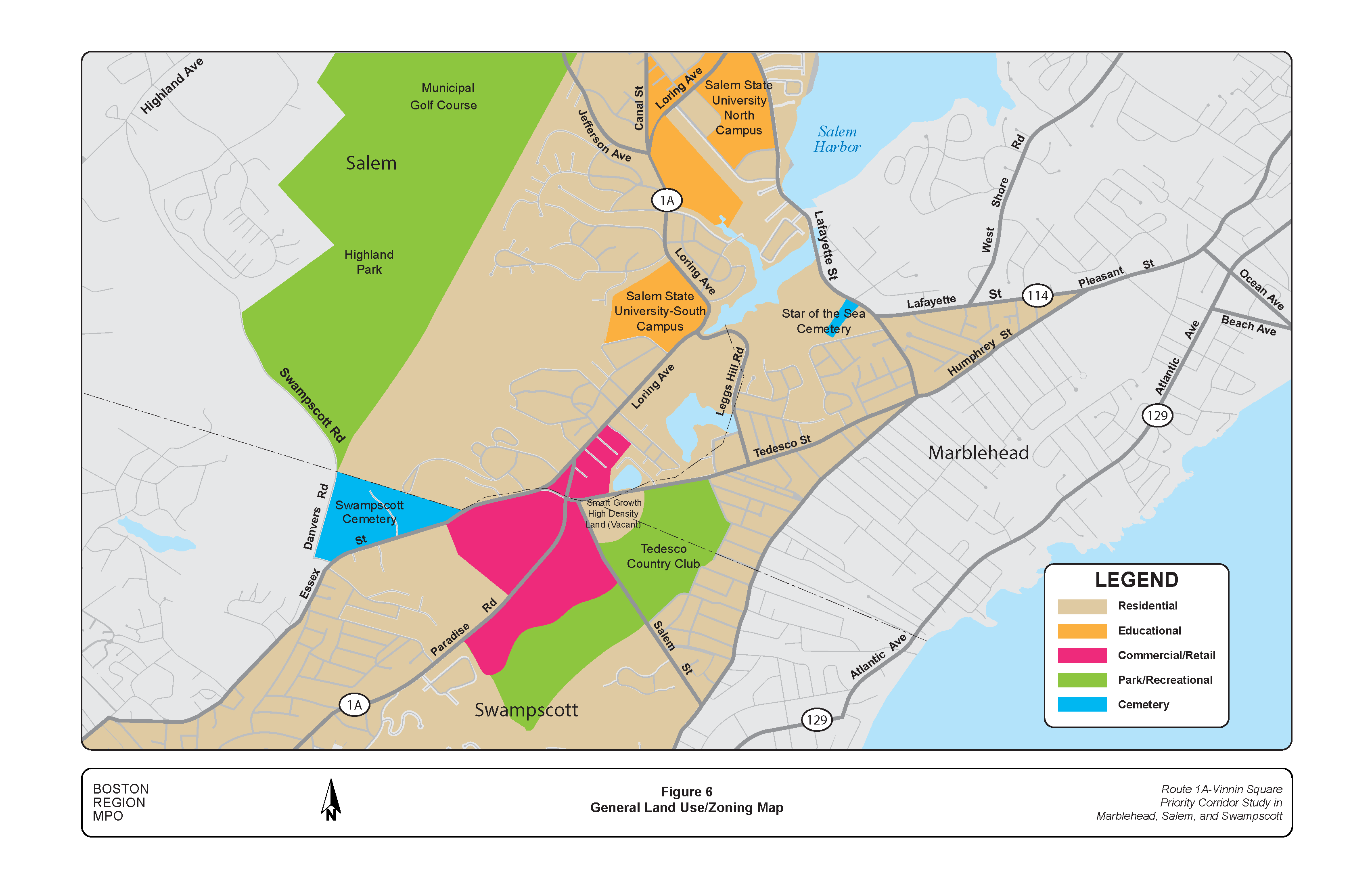 FIGURE 6. General Land Use/Zoning Map.Figure 6 is a map of the study area depicting land uses and zoning: residential, educational, commercial/retail, park/recreational, and cemetery.