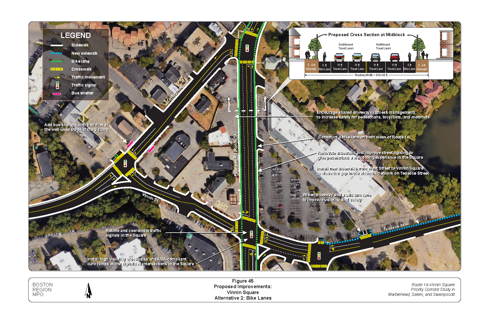 FIGURE 45. Proposed Improvements, Alternative 2: Vinnin Square, Bike Lanes.Figure 45 is a map of Vinnin Square showing the location of proposed improvements in Alternative 2. The proposed improvements are described in text boxes. Graphics embedded show proposed roadway cross sections with lane widths.