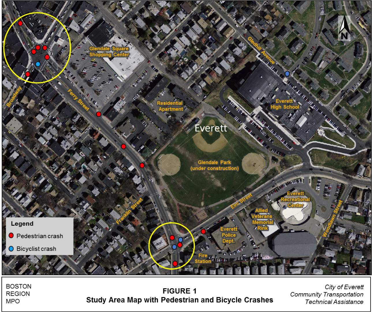This is a map of the study area in Glendale, Massachusetts. It is an aerial view that shows the major streets and landmarks, and marks the spots of the bicycle and pedestrian crashes. Yellow circles denote the two areas with the largest number of bicycle and pedestrian crashes, which are the intersections of 1) Elm Street and Ferry Street and 2) Ferry Street and Broadway.