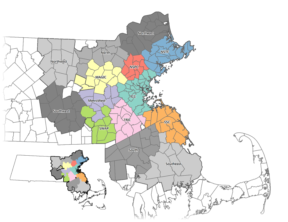 Figure 1 Subregions within the MBTA Service Area
This is a map that shows the Boston Region MPO’s Inner Core subregion, which is composed of the relatively dense municipalities within Route 128 and is one of eight subregions in the Metropolitan Area Planning Planning Council’s area. For purposes of this study, in addition to eight MAPC subregions, the map identifies an additional six subregions within the MBTA service area.