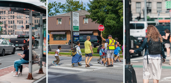 3 side-by-side photos: a woman sitting on a bus shelter bench, a crossing guard helping families with school children cross a street, and a woman pressing a pedestrian signal call button