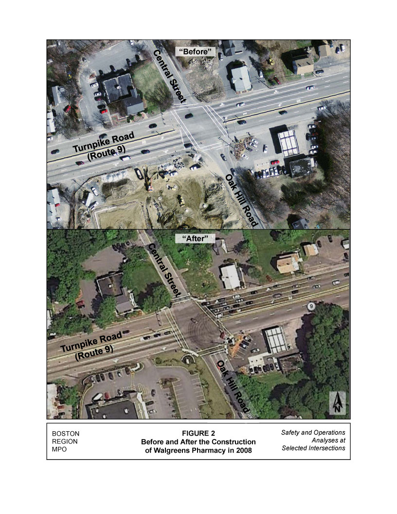 Figure 2 shows the study intersection before and after the 2008 construction of Walgreens Pharmacy 