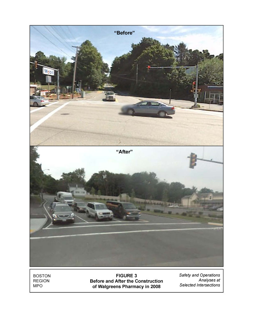 Figure 3 shows the Oak Hill approach to the intersection before and after the 2008 Walgreens construction 