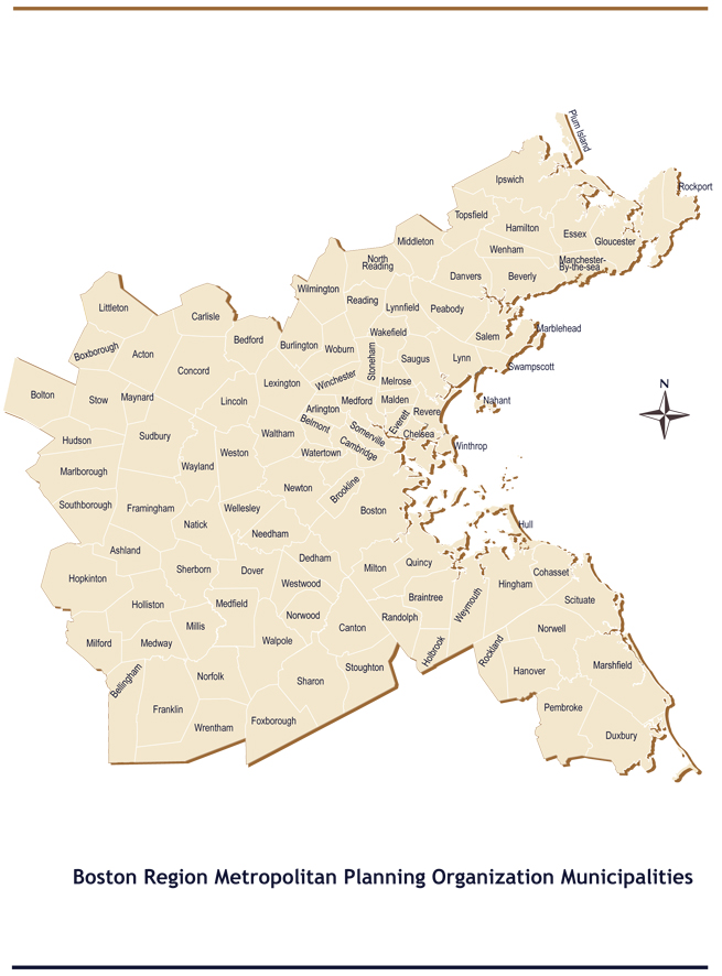 he preceding page will contain a map that shows the Boston Region MPO region. This map includes the boundariesof the 101 cities and towns that fall within that region