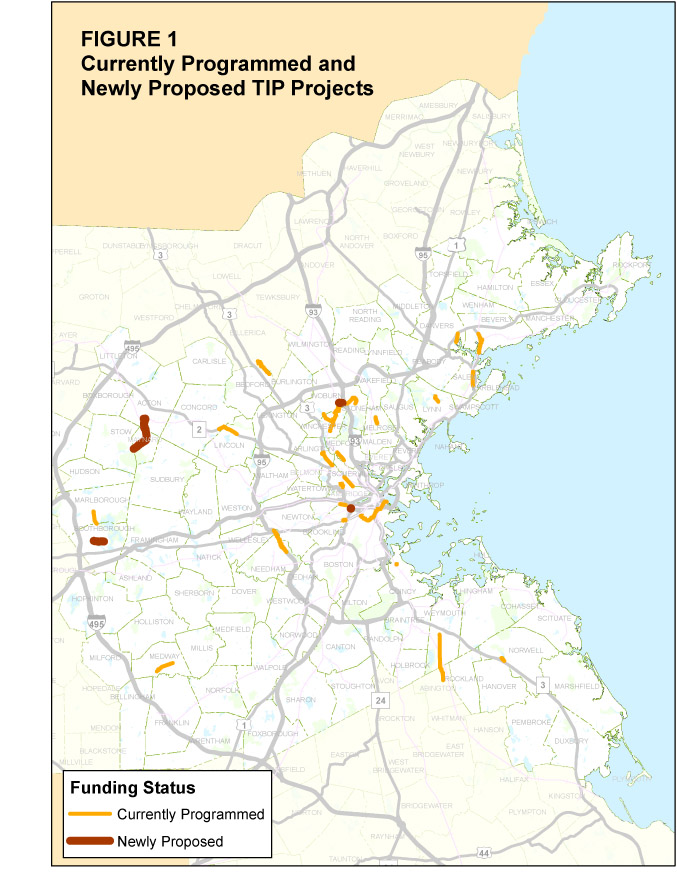 Alt text: Figure 1 is a map of the Boston Region MPO area. It indicates where the currently programmed and newly proposed TIP projects are located.   