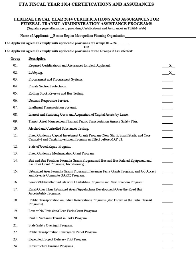 This page and the following page contain materials taken directly from the Federal Transit Administration (FTA), called “Federal Fiscal Year 2014 Certifications and Assurance for Federal Transit Administration Programs.” The first page is a form sent to the applicant that checks of which provisions the applicant needs to comply with. On this form, the first two provisions (of the 24 listed) are checked: “Required Certifications and Assurances for Each Applicant” and “Lobbying.” The second page has places for the applicant’s representative and its attorney to sign, indicating that they agree to comply with those provisions. 