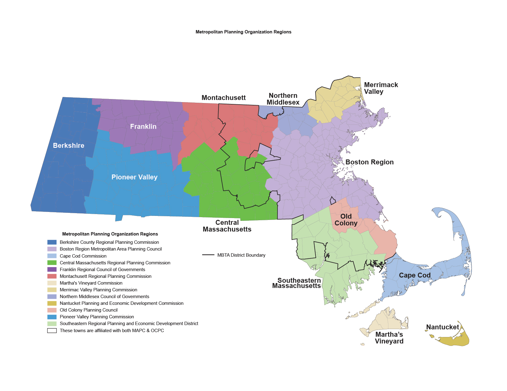 Figure 3 is a map of the MPO regions, color coded as follows: dark blue = Berkshire County Regional Planning Commission; mauve = Boston Region Metropolitan Area Planning Council; light blue = Cape Cod Commission; dark green = Central Massachusetts Regional Planning Commission; purple = Franklin Regional Council of Governments; dark pink = Montachusett Regional Planning Commission; sand = Martha's Vineyard Commission; beige = Merrimac Valley Planning Commission; lavender = Northern Middlesex Council of Governments; ochre = Nantucket Planning and Economic Development Commission; light pink = Old Colony Planning Council; cerulean = Pioneer Valley Planning Commission; light green = Southeastern Regional Planning and Economic Development District; light outline = These towns are affiliated with both MAPC & OCPC; dark outline = MBTA District Boundary.