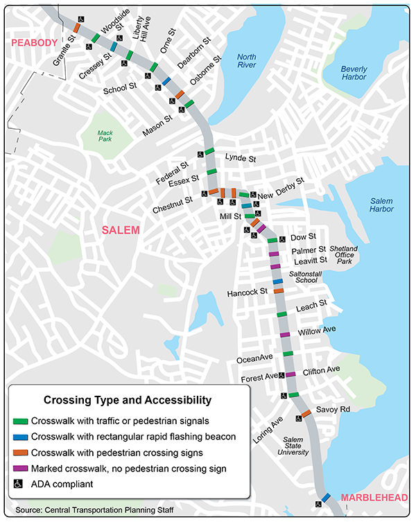 Figure 8 shows the crossing locations and control types along Route 114.