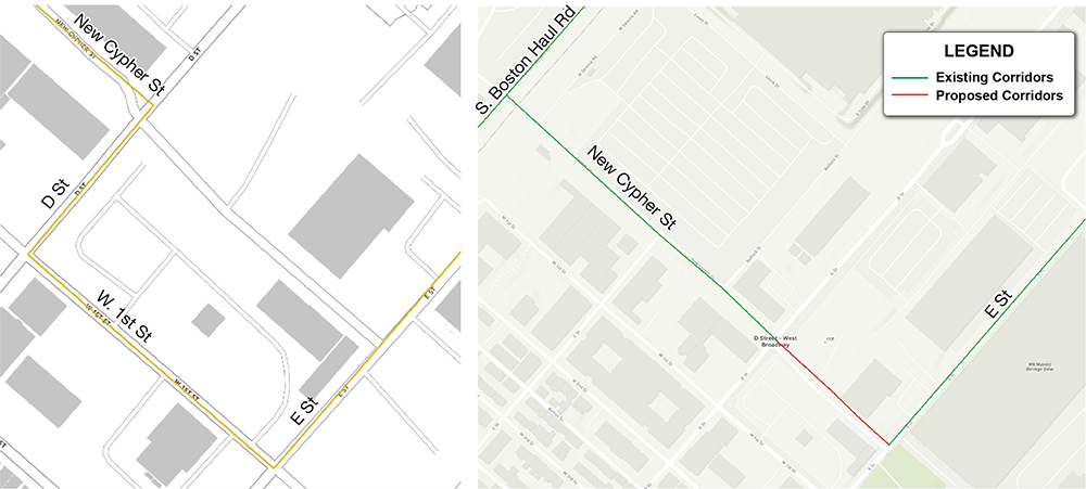 Figure 5a
This figure shows the existing corridors in South Boston that are proposed for removal due to a newly constructed corridor that provides improved connectivity.
Figure 5b
This figure shows the proposed corridor in South Boston, a newly constructed segment providing improved connectivity.