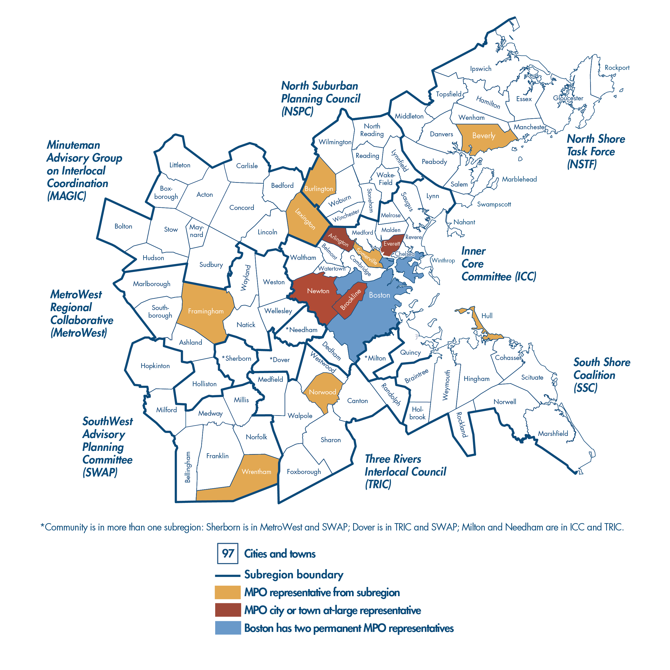 A map showing the 97 cities and towns that make up the Boston Region, including the eight subregions communities are grouped into. A map showing the 97 cities and towns that make up the Boston Region, including the eight subregions communities are grouped into.