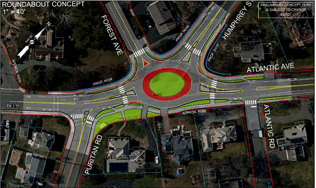 Image excerpted from study showing aerial photography of one of the Swampscott intersections with one alternative set of proposed changes overlaid