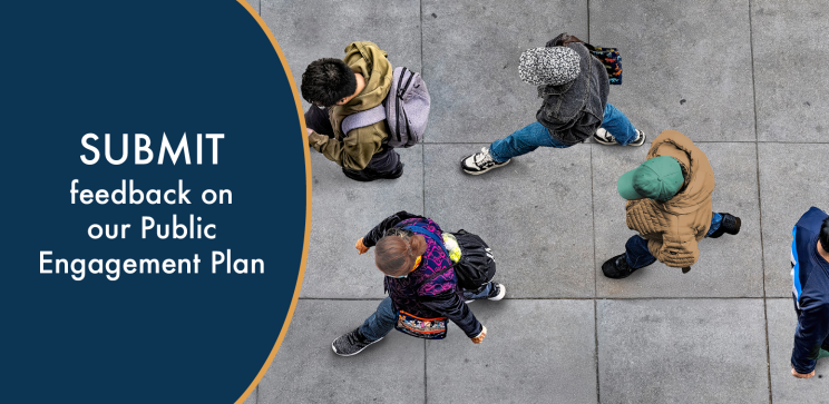 Overhead image of people walking down the street with text that says "Share your thoughts on the MPO's public engagement plan"