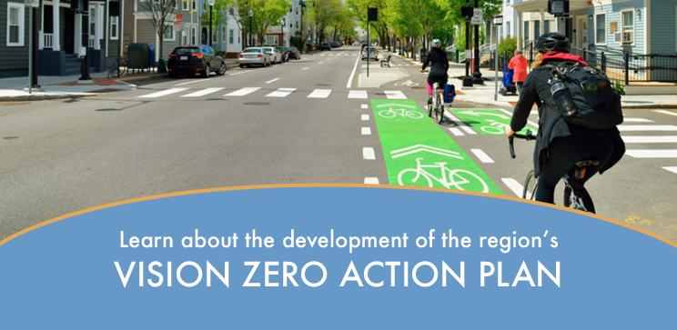 Image of a cyclist on a bike path with text that says "Learn about the development of the region's vision zero action plan."